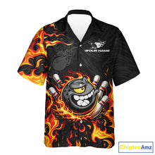 Load image into Gallery viewer, Funny Angry Bowling Button-up Shirt Custom Black and Orange Flame Bowling Hawaiian Team jerseys NQS11683