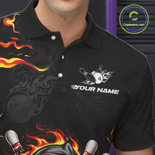 Load image into Gallery viewer, Funny Angry Bowling Polo, 1/4 Zip Shirt for Men Custom Black and Orange Flame Bowling Team jerseys NQS11683