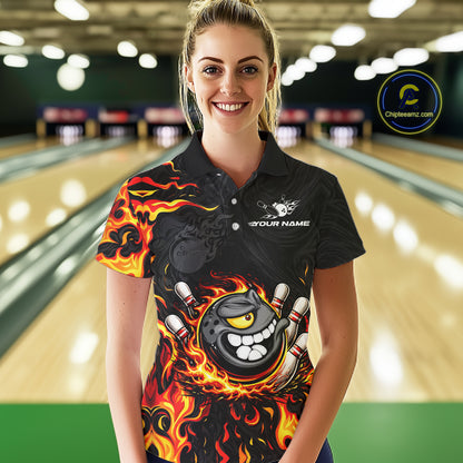 Funny Angry Bowling Polo, 1/4 Zip Shirt for Women Custom Black and Orange Flame Bowling Team jerseys NQS11683