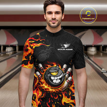 Load image into Gallery viewer, Funny Angry Bowling Polo, 1/4 Zip Shirt for Men Custom Black and Orange Flame Bowling Team jerseys NQS11683