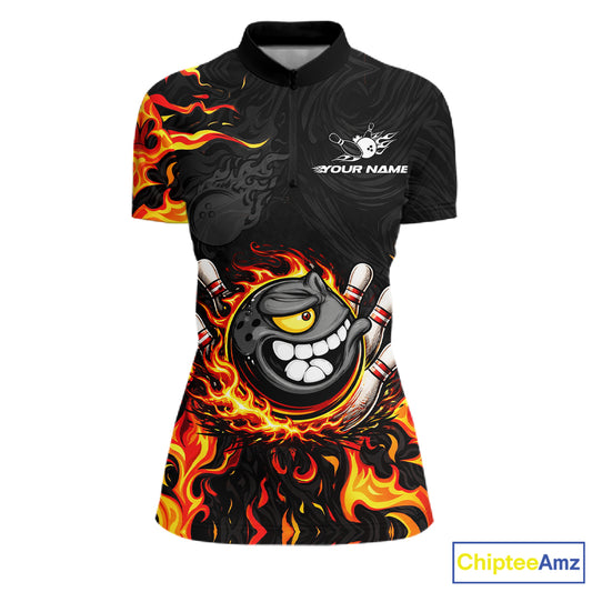 Funny Angry Bowling Polo, 1/4 Zip Shirt for Women Custom Black and Orange Flame Bowling Team jerseys NQS11683