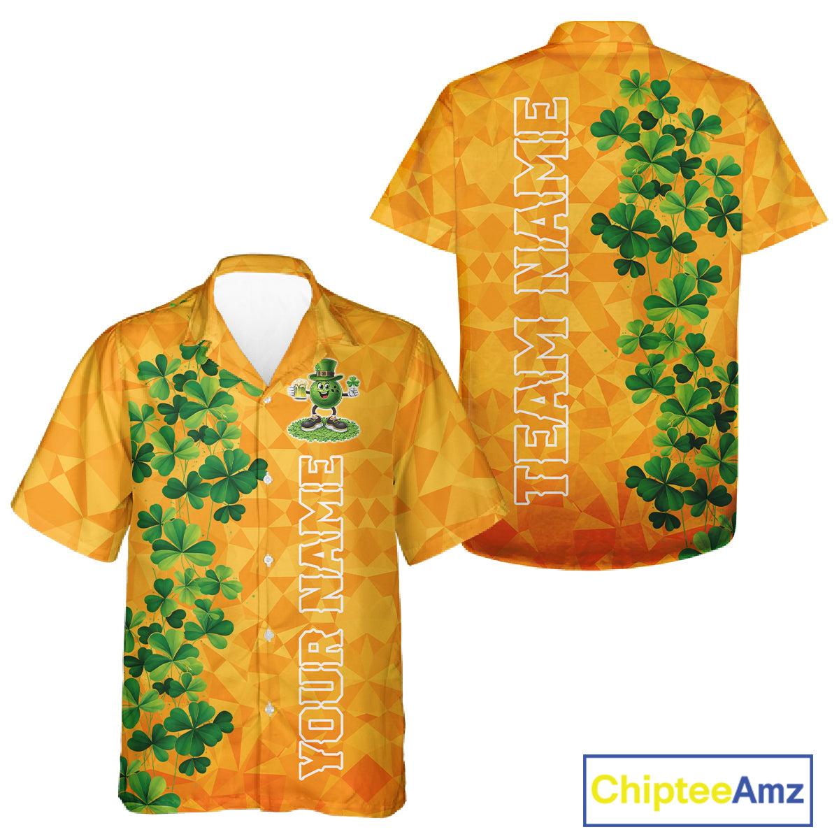 Orange pattern Green clovers St Patrick's Day Bowling Button-up Shirt Custom Bowling Team jerseys NQS11696