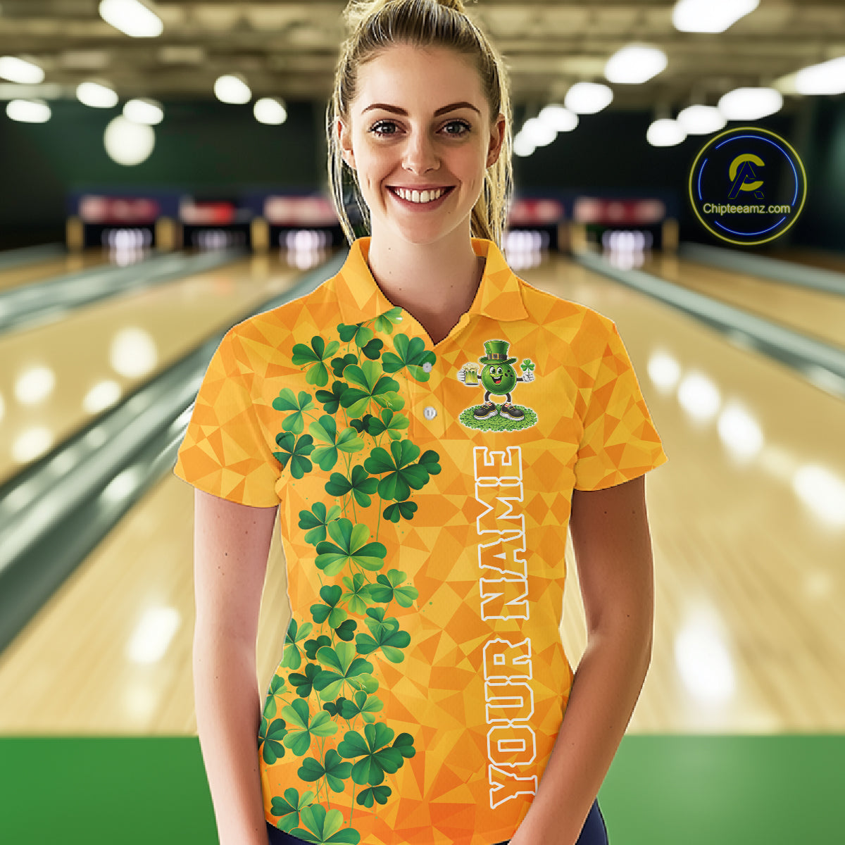 Orange pattern Green clovers St Patrick's Day Bowling Shirts for Women Custom Bowling Team jerseys NQS11696