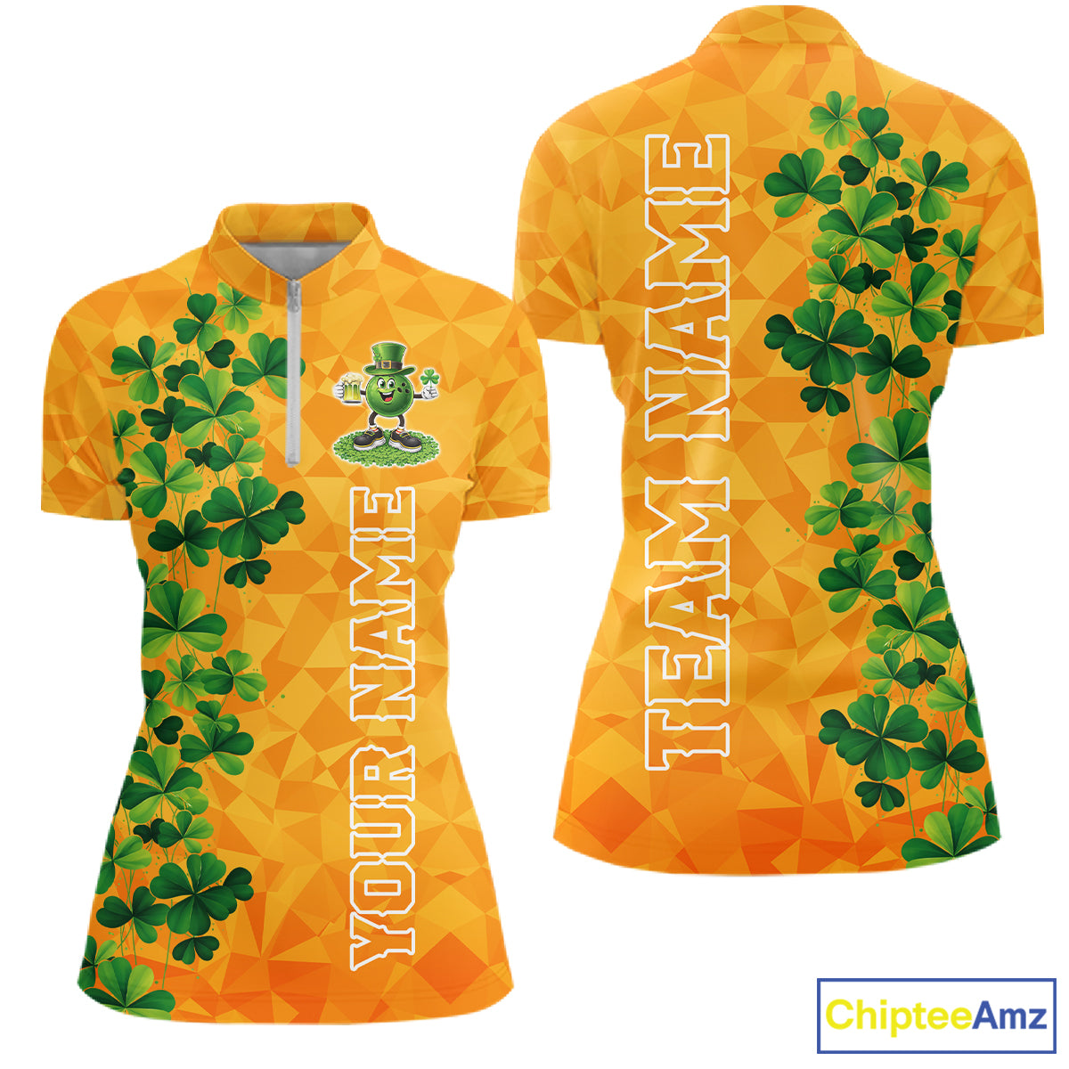 Orange pattern Green clovers St Patrick's Day Bowling Shirts for Women Custom Bowling Team jerseys NQS11696