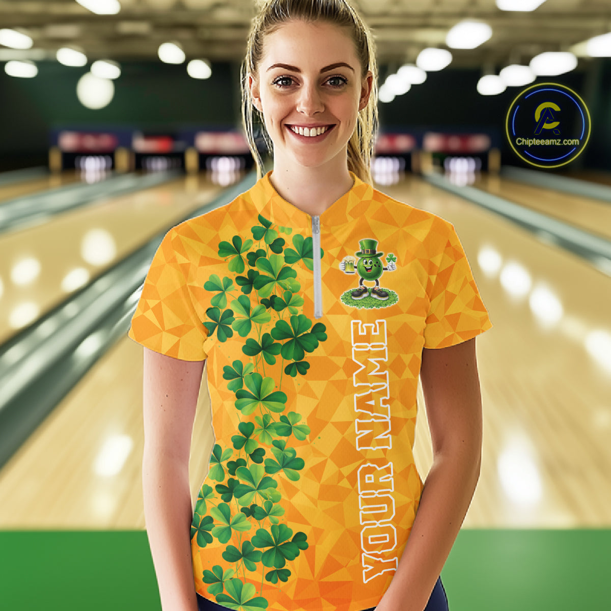 Orange pattern Green clovers St Patrick's Day Bowling Shirts for Women Custom Bowling Team jerseys NQS11696
