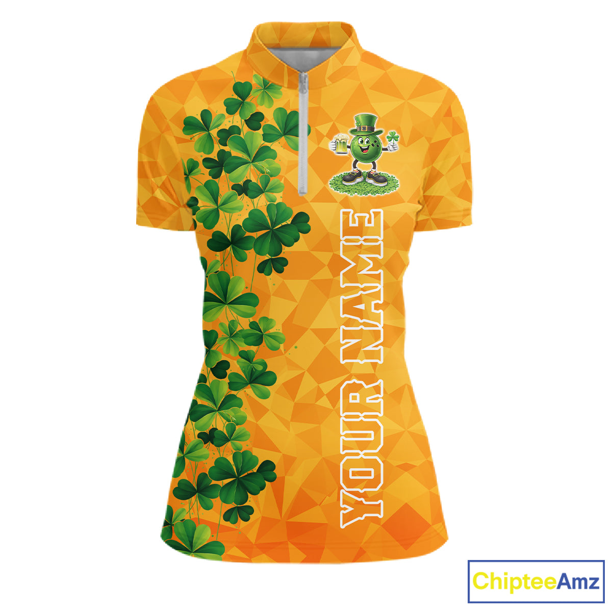 Orange pattern Green clovers St Patrick's Day Bowling Shirts for Women Custom Bowling Team jerseys NQS11696