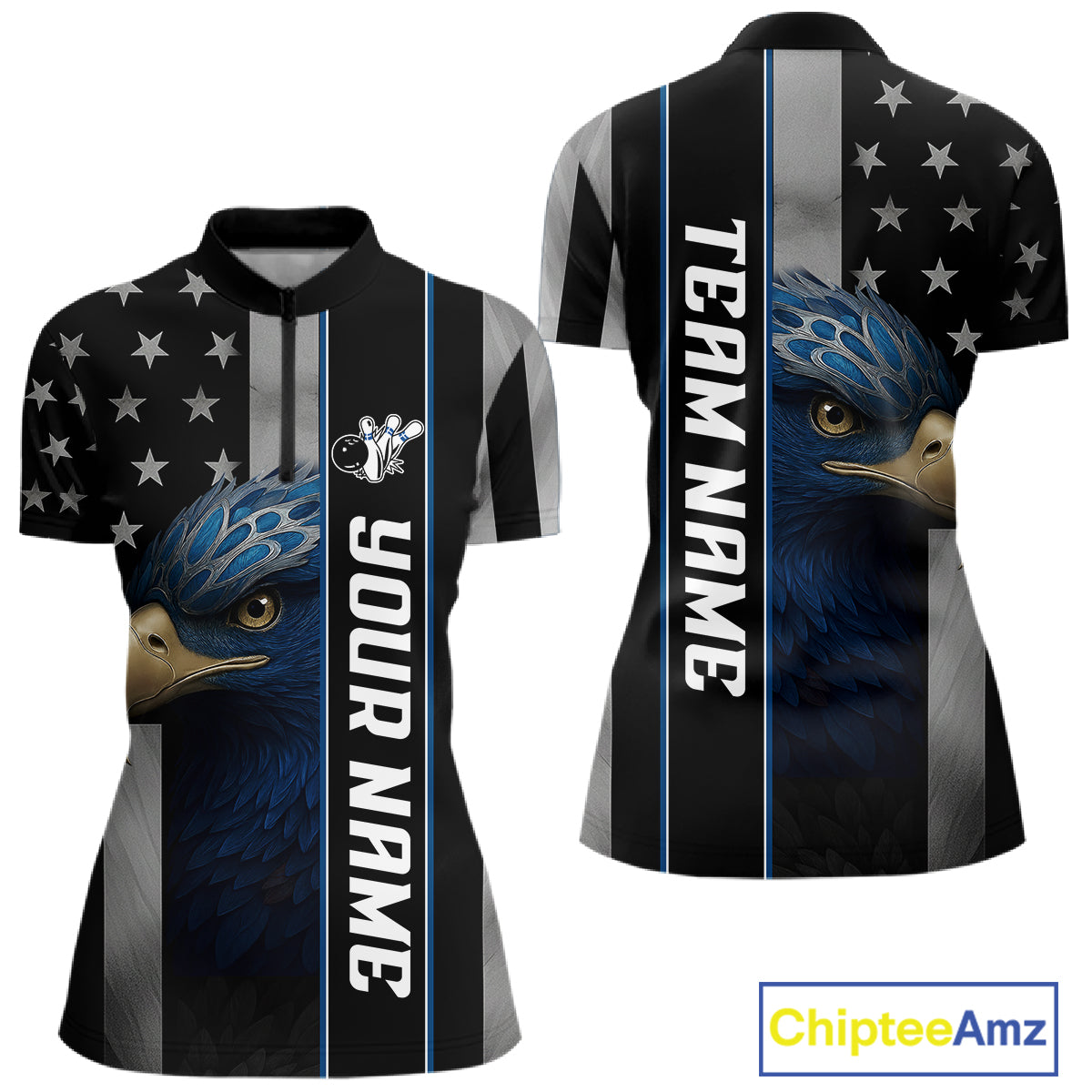 Black American Flag Eagle Bowling Shirts For Women Custom Patriotic Bowling Team Jerseys NQS11152