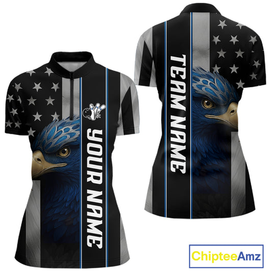 Black American Flag Eagle Bowling Shirts For Women Custom Patriotic Bowling Team Jerseys NQS11152