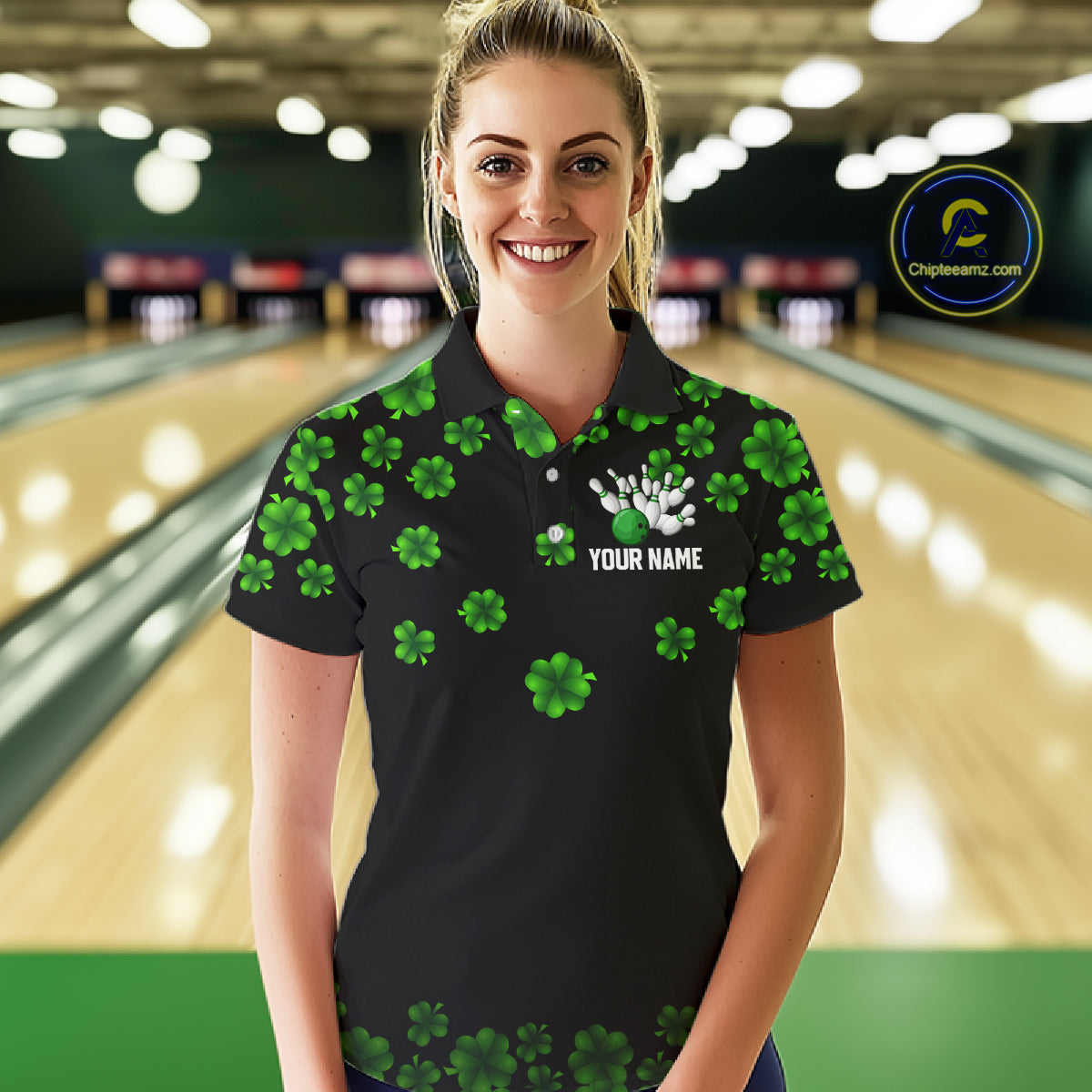 Black and Green Shamrock Funny Bowling Shirts For Women Custom St Patrick's Day Bowling Team Jersey NQS11163