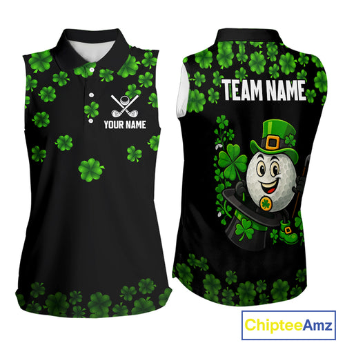 Black and Green Shamrock Funny Sleeveless Golf Polo Shirt Custom St Patrick's Day ladies golf outfit NQS11164