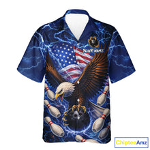 Load image into Gallery viewer, Blue Lightning Thunder US Flag Eagle Bowling Hawaiian Shirt Custom Patriotic Team Bowling Jerseys NQS11580