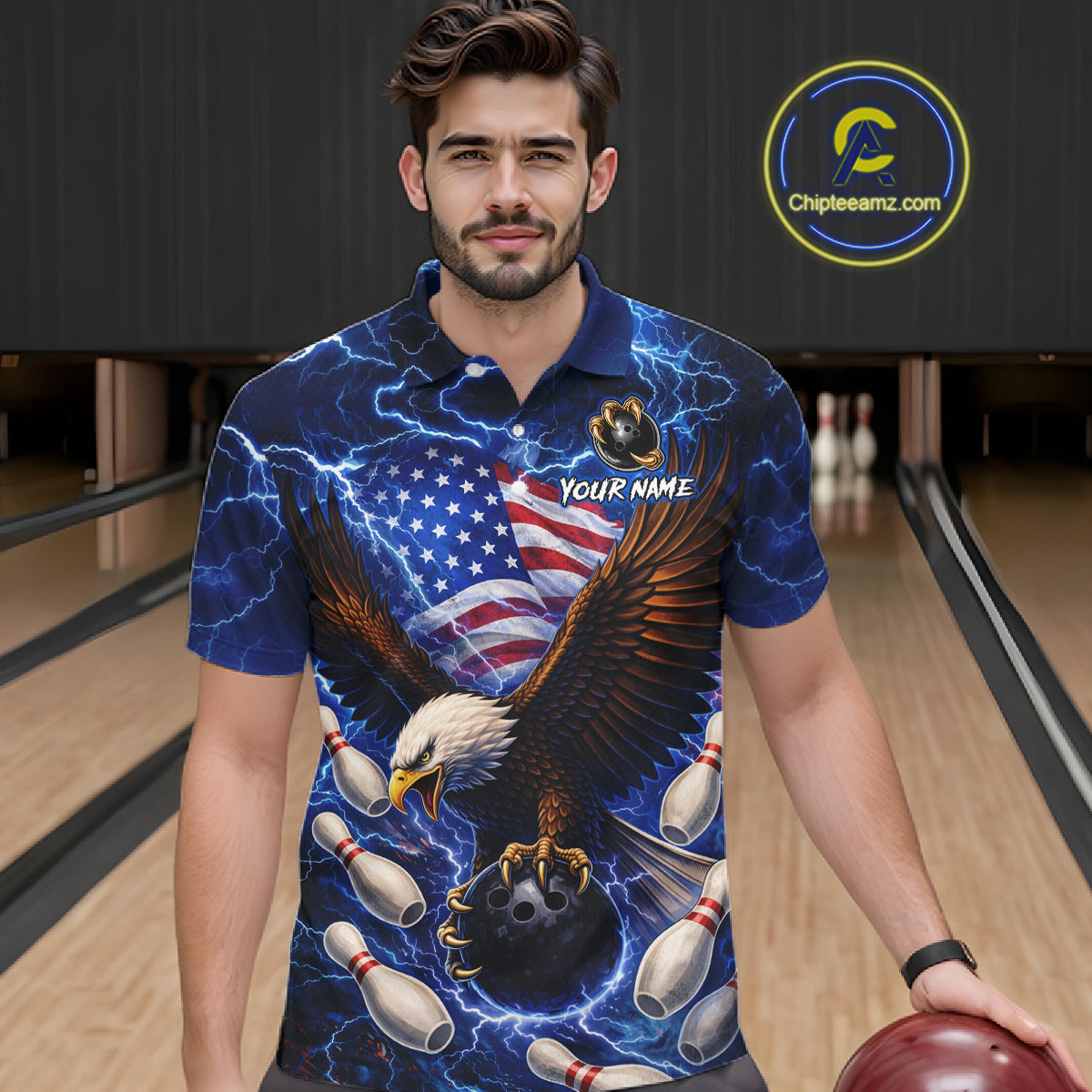 Blue Lightning Thunder US Flag Eagle Bowling Shirts for Men Custom Patriotic Team Bowling Jerseys NQS11580