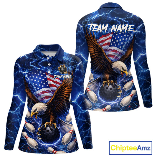 Blue Lightning Thunder US Flag Eagle Bowling Shirts for Women Custom Patriotic Team Bowling Jerseys NQS11580