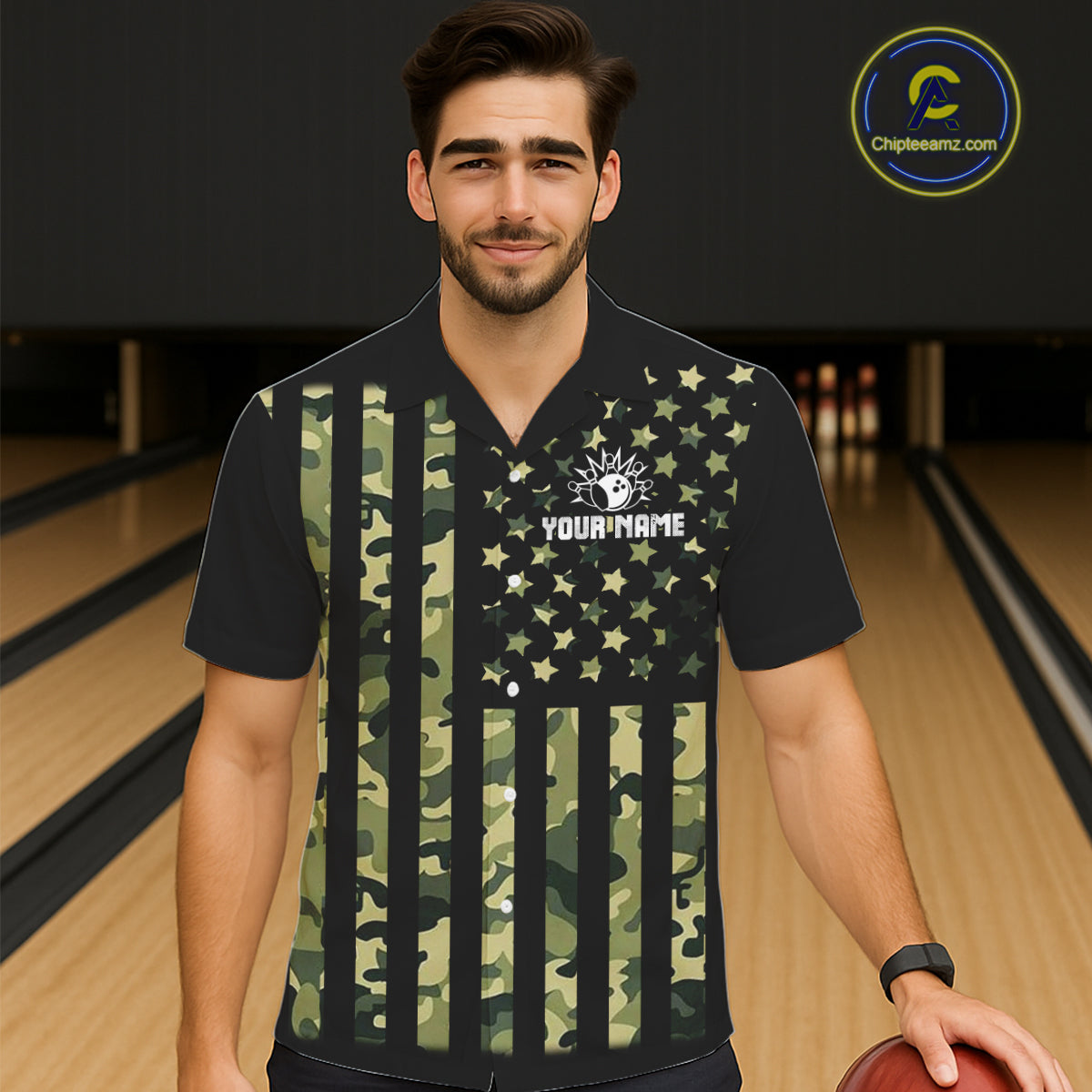 Black and Green Camo American Flag Bowling Hawaiian Shirt Custom patriotic Bowling Team shirt NQS11177