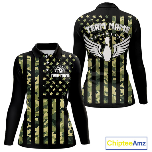 Black and Green Camo American Flag Bowling Shirts For Women Custom patriotic Bowling Team Jerseys NQS11177