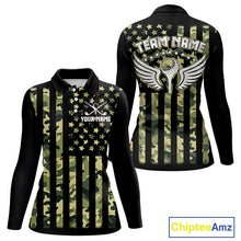 Load image into Gallery viewer, Black and Green Camo American Flag Golf Polo Shirts For Women Custom patriotic ladies's golf clothing NQS11178