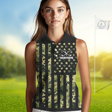 Load image into Gallery viewer, Black and Green Camo American Flag Sleeveless Polo Shirts Custom patriotic ladies&#39;s golf clothing NQS11178