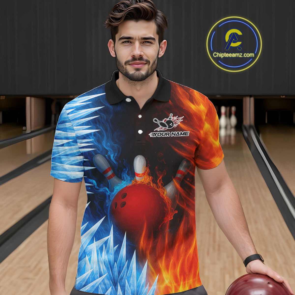 Fire and Ice Pattern Bowling Polo, Quarter Zip Shirts For Men Custom Flame Team Bowling Jerseys NQS11184