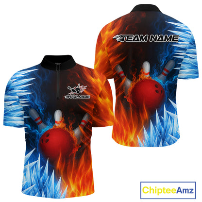 Fire and Ice Pattern Bowling Polo, Quarter Zip Shirts For Men Custom Flame Team Bowling Jerseys NQS11184