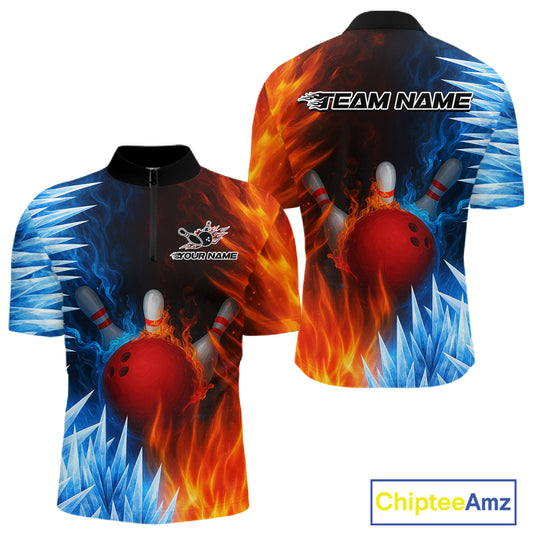 Fire and Ice Pattern Bowling Polo, Quarter Zip Shirts For Men Custom Flame Team Bowling Jerseys NQS11184