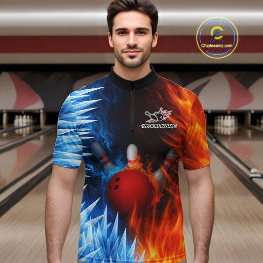 Fire and Ice Pattern Bowling Polo, Quarter Zip Shirts For Men Custom Flame Team Bowling Jerseys NQS11184
