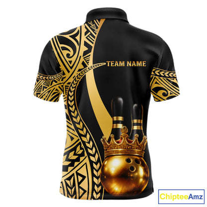 Black and Gold crown Bowling ball pins Polo, Quarter Zip Shirts for Men Custom Bowling Team jerseys NQS11592