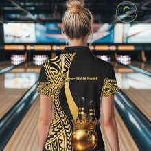 Load image into Gallery viewer, Black and Gold crown Bowling ball pins Polo, Quarter Zip Shirts for Women Custom Bowling Team jerseys NQS11592