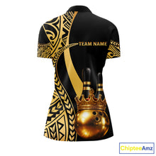 Load image into Gallery viewer, Black and Gold crown Bowling ball pins Polo, Quarter Zip Shirts for Women Custom Bowling Team jerseys NQS11592