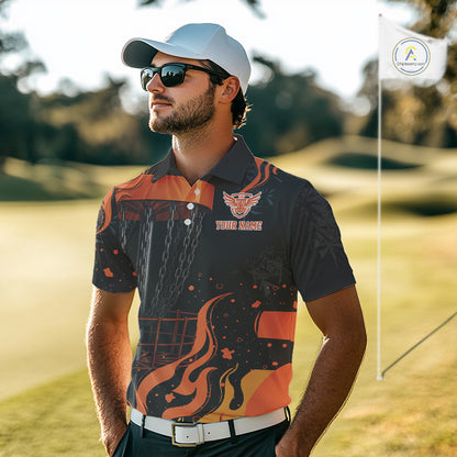 Black and Orange Flame Disc Golf basket Mens Disc golf polo shirts Custom team disc golf outfit NQS10811