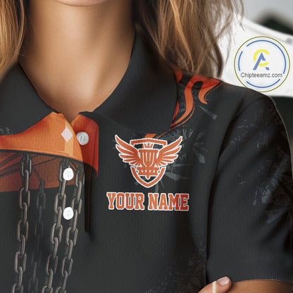 Black and Orange Flame Disc Golf basket Women Disc golf polo shirts Custom team disc golf outfit NQS10811