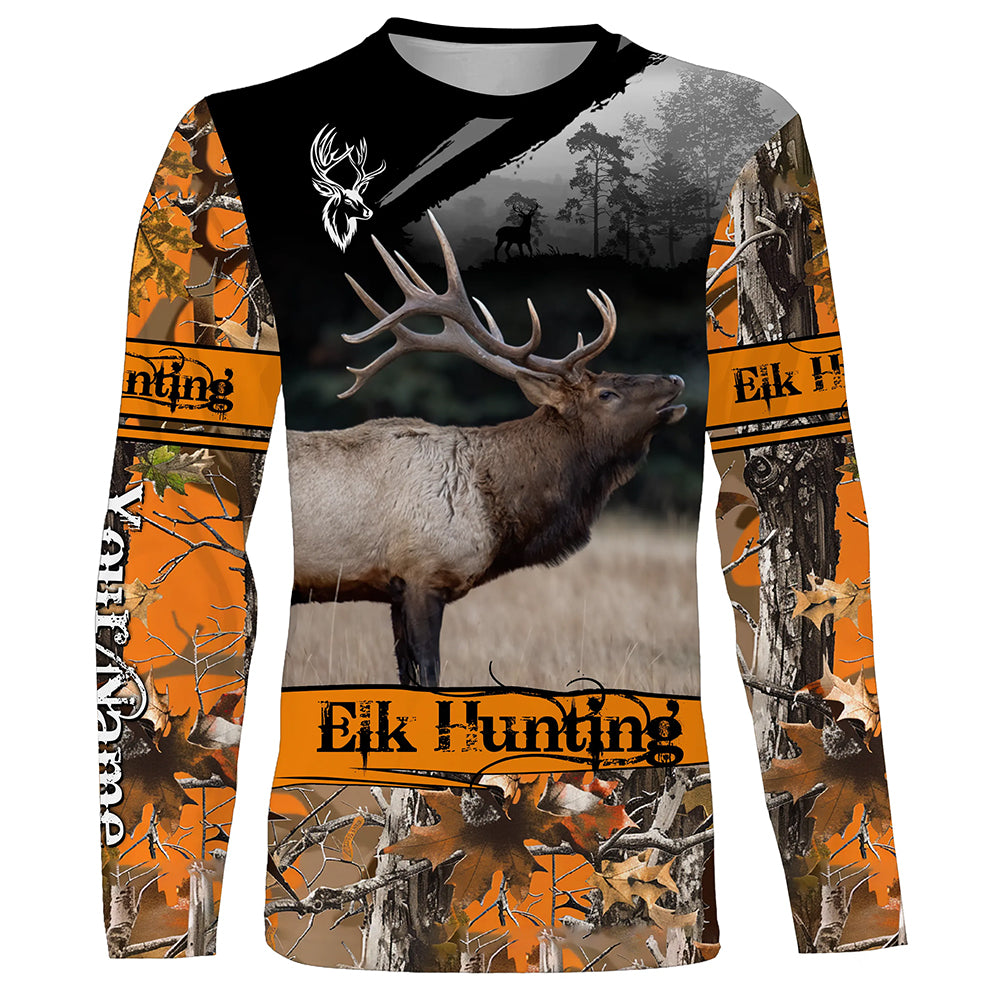 Elk hunting orange camouflage custom name shirts for hunters, Personalized elk hunting gifts FSD51