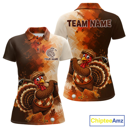 Personalized Vintage Autumn Women Golf Tops, Thanksgiving Turkey Golf Polo Shirt Custom Name NHT1338