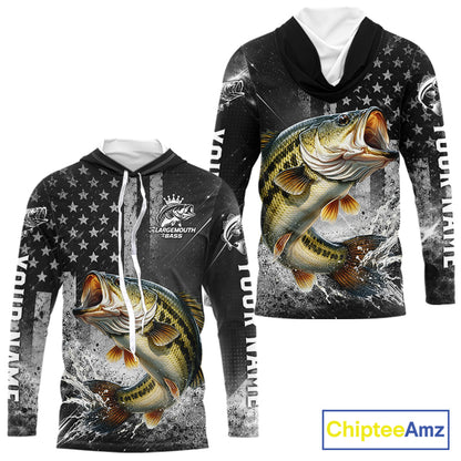 Gray Bass Custom Hooded Long Sleeve Fishing Shirts, American Flag Patriotic Bass Fishing Shirt NHT514