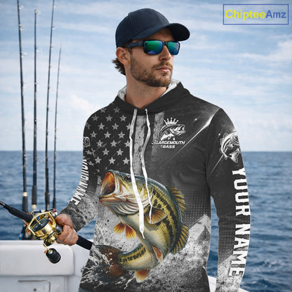 Gray Bass Custom Hooded Long Sleeve Fishing Shirts, American Flag Patriotic Bass Fishing Shirt NHT514