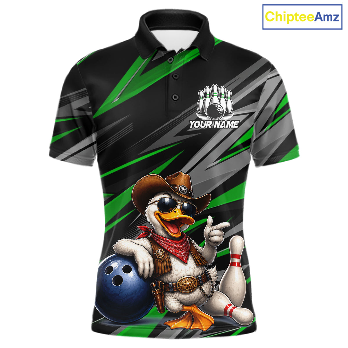Men's custom cowboy duck bowling polo shirt – green front view