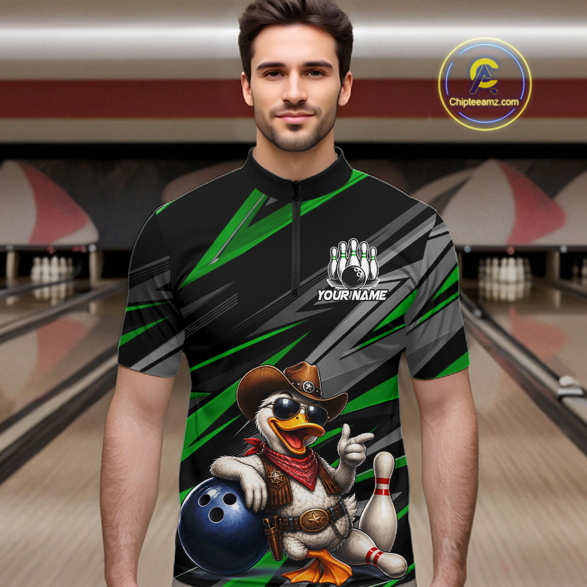 Personalized Team Jersey Men's Custom Cowboy Duck Bowling Polo & 1/4 Zip Shirt |Green NHT1205