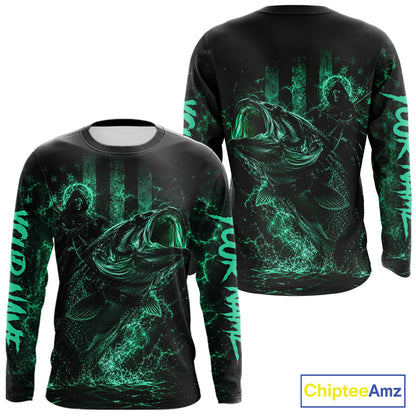 Back view of turquoise bass fishing shirt made from breathable polyester with UPF 30+ sun protection.