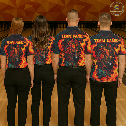 Dragon Bowling Polo Shirt Custom Name Team Fire Dragon Quarter Zip Jersey For Men NHT1348