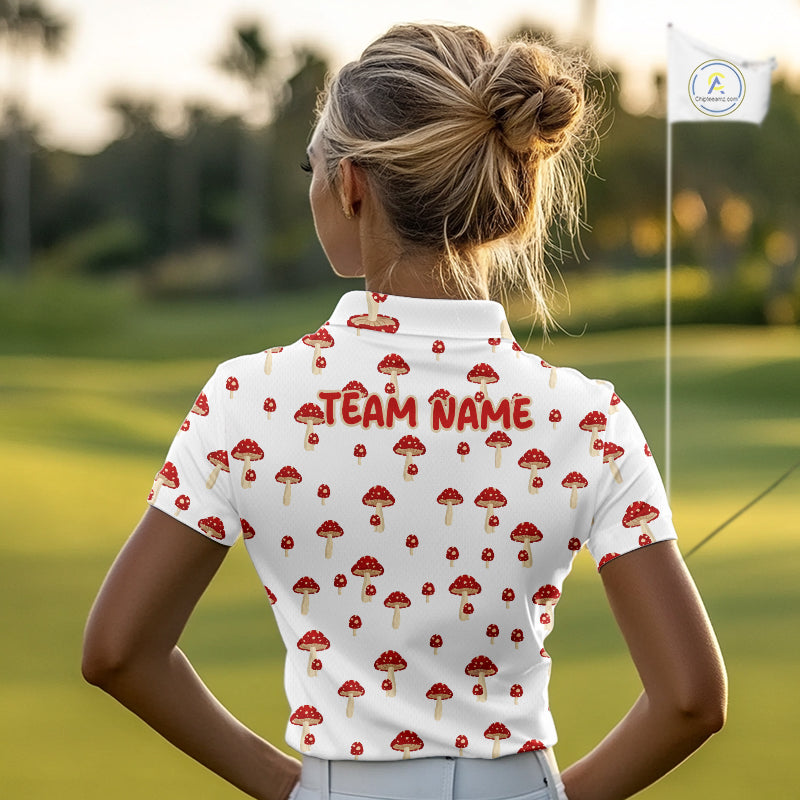 Funny Mushroom Womens Golf Polo Shirt, Personalized Mushroom Red White Pattern Golf Jersey NHT888