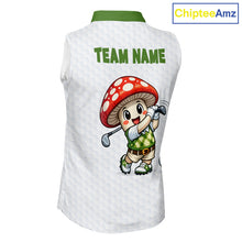 Load image into Gallery viewer, Funny Cartoon Mushroom Sleeveless Womens Golf Polo Shirt White Argyle Green Pattern Golf Shirt NHT890