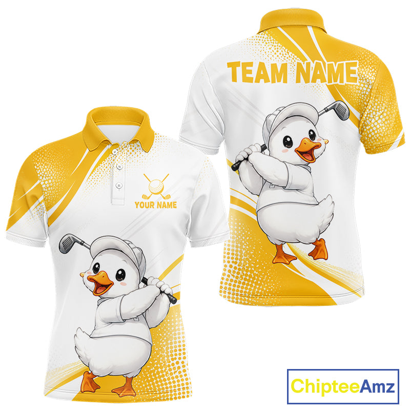 Custom short-sleeve polo shirt shown from front and back, featuring a cartoon white duck wearing a golf hat and holding a golf club on a white and yellow background. The front has a yellow collar, yellow shoulder panels, and a yellow custom name/logo area.