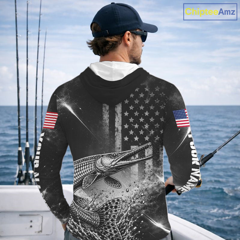 American Flag Bowfishing Shirt With Alligator Gar Design, Fishing Shirts Hooded Long Sleeve For Men NHT1370