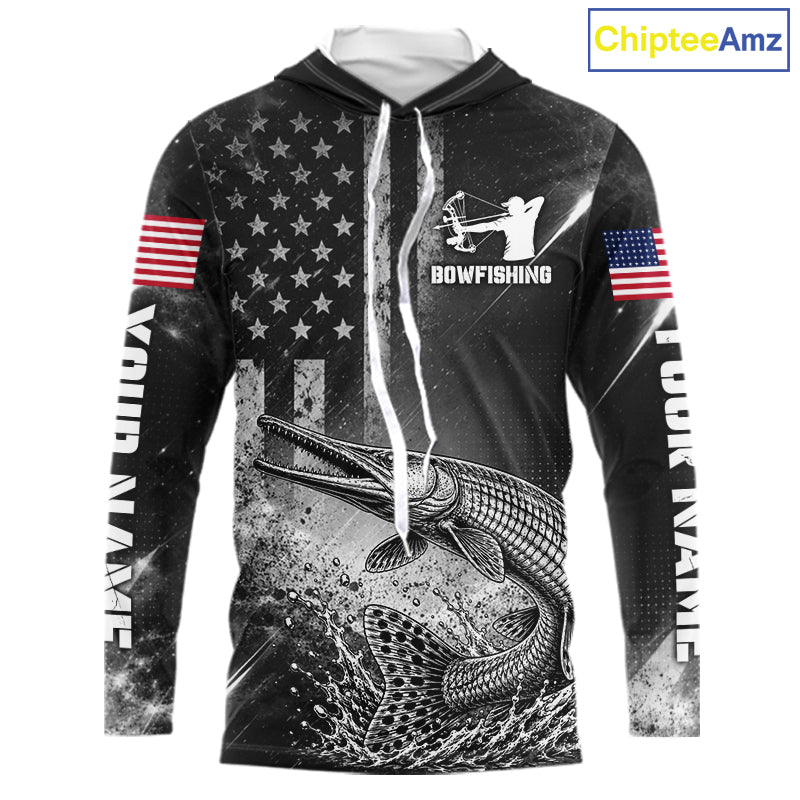 American Flag Bowfishing Shirt With Alligator Gar Design, Fishing Shirts Hooded Long Sleeve For Men NHT1370