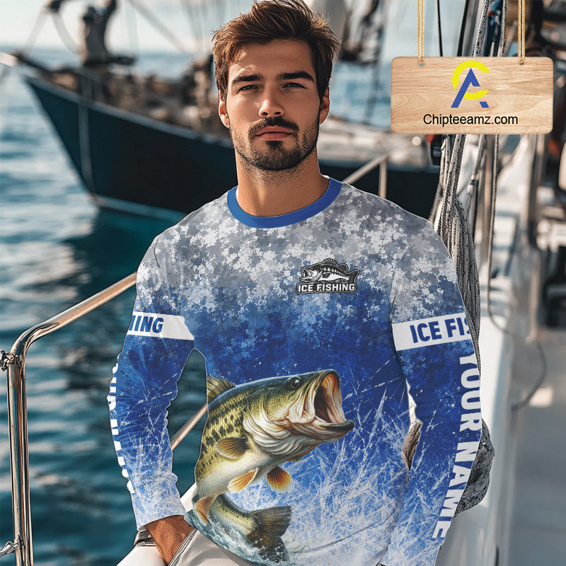 Ice Fishing Shirt With Largemouth Bass & Winter Camo Design, Fishing Shirts Long Sleeve For Men NHT1373