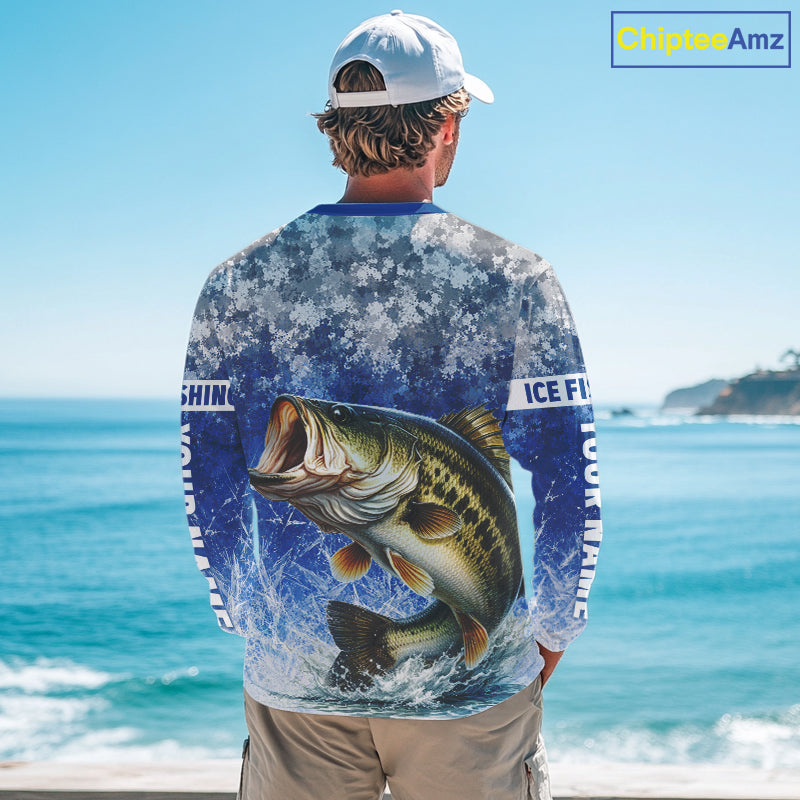Ice Fishing Shirt With Largemouth Bass & Winter Camo Design, Fishing Shirts Long Sleeve For Men NHT1373