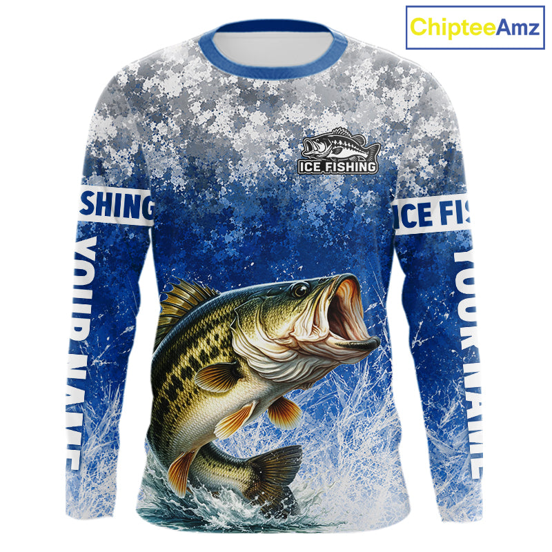 Ice Fishing Shirt With Largemouth Bass & Winter Camo Design, Fishing Shirts Long Sleeve For Men NHT1373