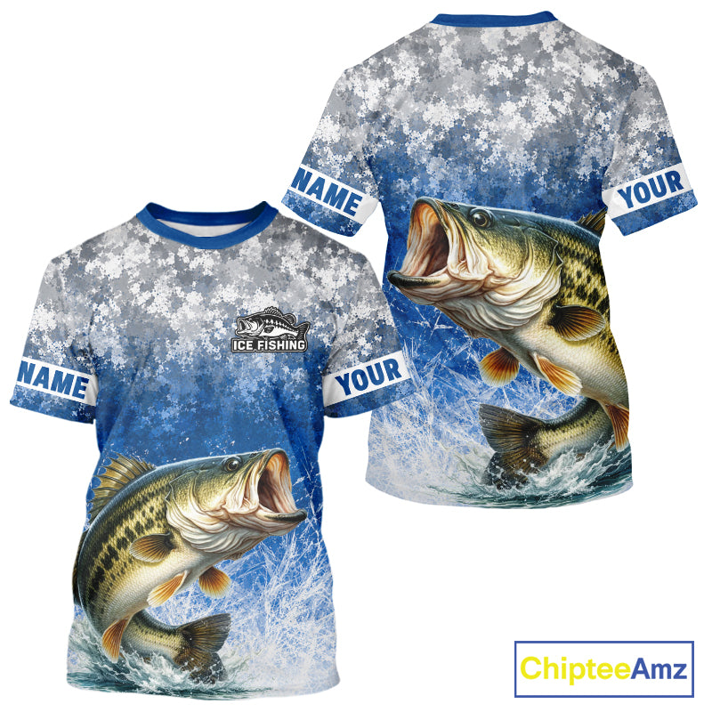Ice Fishing Shirt With Largemouth Bass & Winter Camo Design, Fishing Shirts Short Sleeve For Men NHT1373
