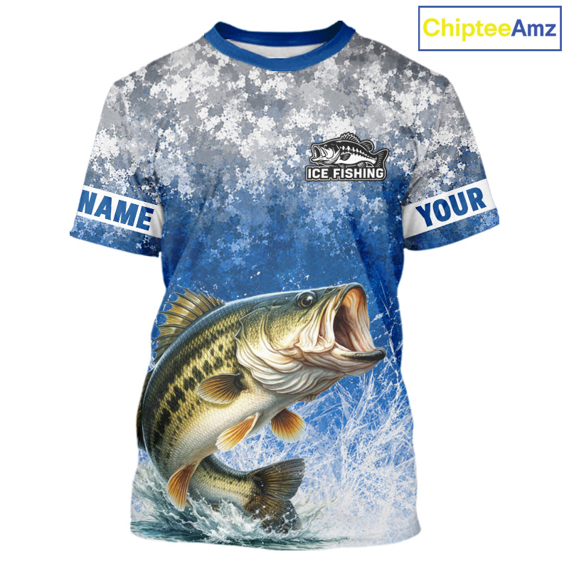 Ice Fishing Shirt With Largemouth Bass & Winter Camo Design, Fishing Shirts Short Sleeve For Men NHT1373
