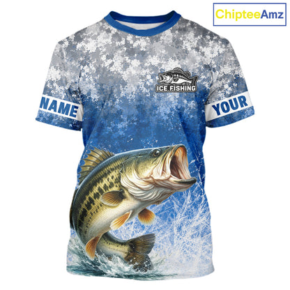 Ice Fishing Shirt With Largemouth Bass & Winter Camo Design, Fishing Shirts Short Sleeve For Men NHT1373