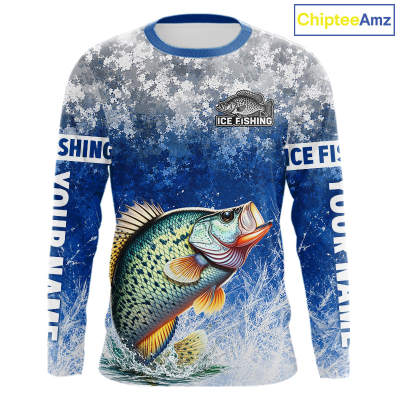 Ice Fishing Shirt With Crappie & Winter Camo Design, Fishing Shirts Long Sleeve For Men NHT1374